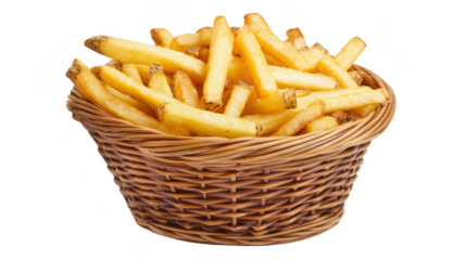 Crispy golden French fries in woven basket, perfect for sharing or enjoying as snack. Their delicious aroma and texture make them favorite treat for all ages. 