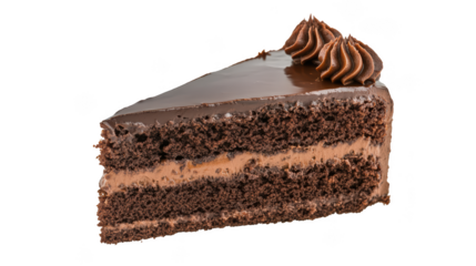 Delicious chocolate cake slice with rich layers of chocolate frosting and smooth filling, perfect for dessert lovers. Indulge in this sweet treat! 