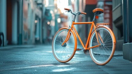A bright orange bicycle parked on a sunny street, with its vivid color standing out against the urban backdrop.