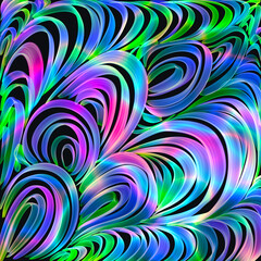 A vibrant abstract design with dynamic, flowing shapes in shades of pink, purple, blue and yellow. The swirling, ribbon-like shapes create a sense of movement and energy against the backdrop