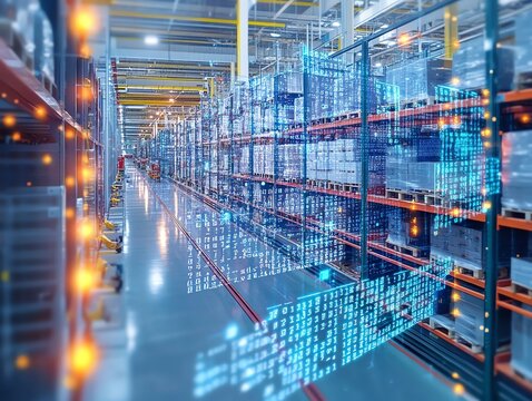 A futuristic warehouse with digital code overlay in a large building with shelves and forklifts.