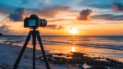 A camera set up on a tripod by the beach, capturing the sunset over the horizon.