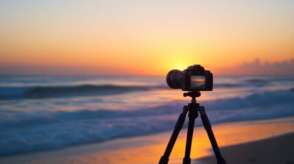 A camera set up on a tripod by the beach, capturing the sunset over the horizon.