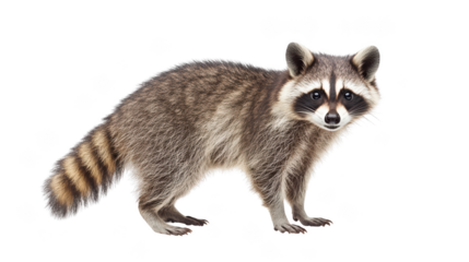 Raccoon standing on white background, showcasing its distinctive fur and facial markings. This curious creature embodies playful spirit and is often found in urban areas. 