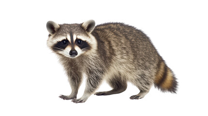 Raccoon standing on all fours with fluffy tail and distinctive facial markings, showcasing its curious expression and detailed fur texture. 