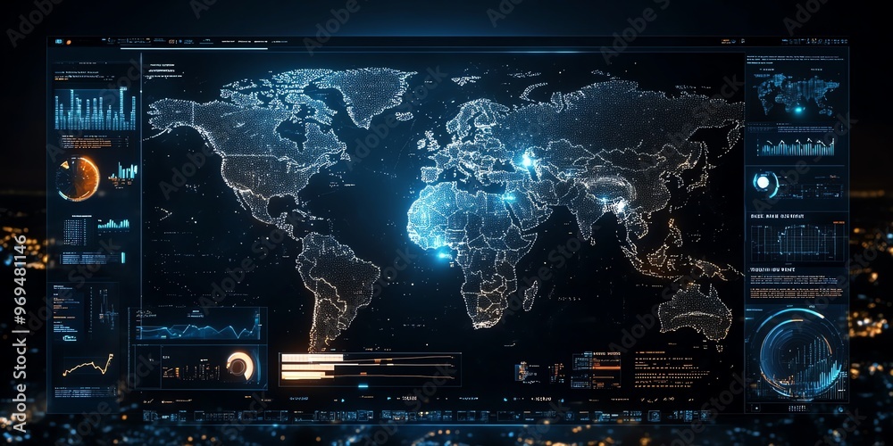 Poster a futuristic, digital map of the world, rendered as a screen display with glowing blue dots and line