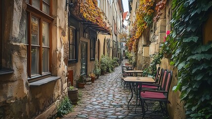 Fototapeta premium A narrow cobblestone alley leading to a picturesque, hidden cafe in an old town