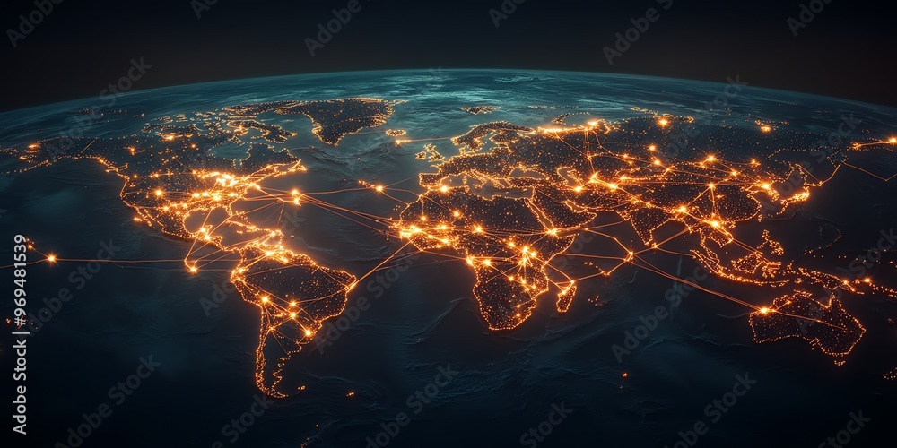 Poster A global network map of the world with glowing city lights and lines connecting them.