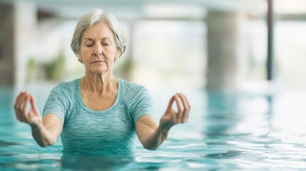 Naklejka premium Senior woman practicing aquatic yoga in a wellness pool program, slow movements, elderly water yoga, wellness and fitness