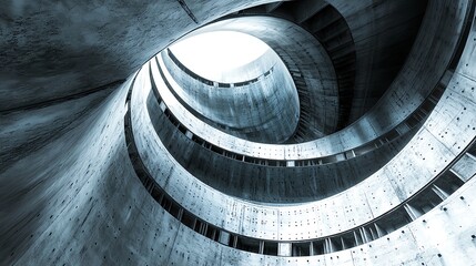 Abstract spiral architecture showcasing sleek concrete lines and illuminated space, creating a modern and dynamic visual effect.