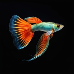 Fototapeta premium A vibrant, colorful guppy fish swimming gracefully against a black background.