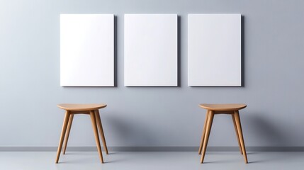 Minimalist interior featuring empty frames and wooden stools, perfect for showcasing art or photography in a clean setting.