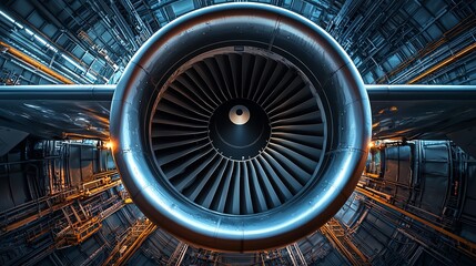 Fototapeta premium Detailed view of a jet engine turbine, showcasing intricate design and modern engineering in aviation technology.