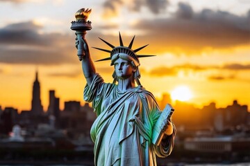 Obraz premium New York iconic landmark Statue of Libertyâ€™s torch shining brightly with a sunset backdrop