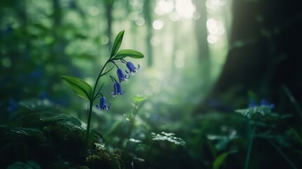 Fototapeta premium A close-up of a bluebell flower in a forest, with soft light filtering through the trees.
