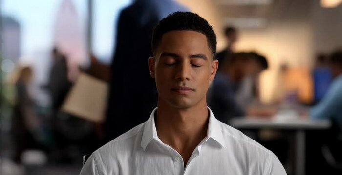 male employee meditating in office at work relaxing enjoying break, in the midst of the hustle and bustle and crowd, quietly praying for inner peace and the energy of zen and nirvana state, copy space