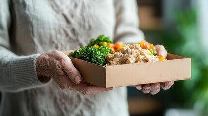 Senior woman receiving a homedelivered meal from a public health nutrition program, elderly meal delivery, nutrition support