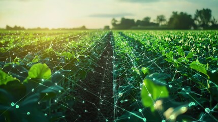 Vibrant green field with plants, showcasing agricultural technology and innovation under warm sunlight.