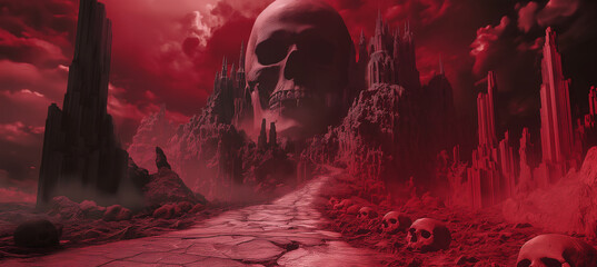 The human skull leading to red fantasy castle, game background, Halloween background, Illustration