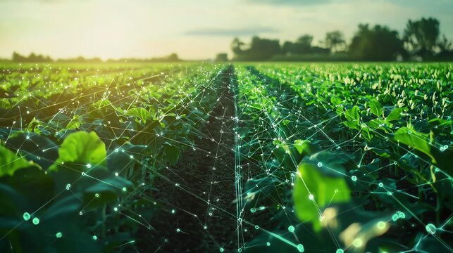 Vibrant green field with plants, showcasing agricultural technology and innovation under warm sunlight.