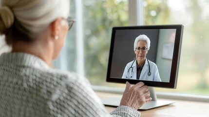 Senior woman using telehealth services to consult with a doctor, modern public health access, elderly telehealth, remote healthcare