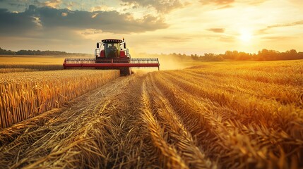 Obraz premium A picturesque scene of a harvester working in a golden wheat field during a stunning sunset.