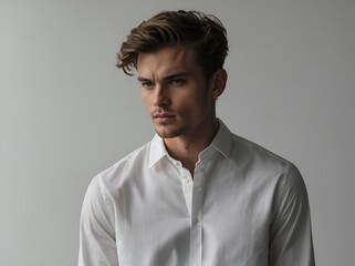 Obraz premium A young man with tousled hair gazes thoughtfully, wearing a crisp white shirt, exuding a sophisticated yet casual vibe in a minimalist setting.