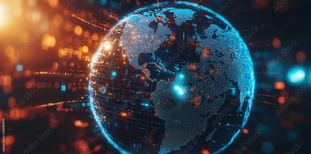 Poster A glowing digital globe with a grid pattern and data points over a dark background with blurred lights.