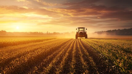Fototapeta premium A tractor plows through golden fields at sunset, showcasing the beauty of agriculture and the hard work of farming.