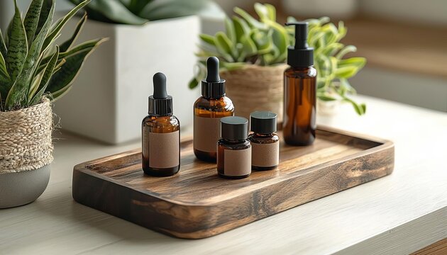 Set of eco-friendly brightening skincare products arranged on a wooden tray with plants, sustainable beauty, natural skincare collection