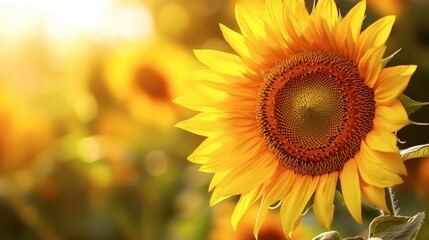 Obraz premium A close-up of a vibrant sunflower in full bloom, with its bright yellow petals glowing under the sun.