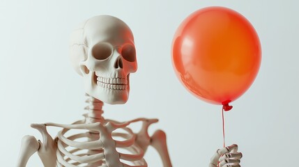 Skeleton is holding a red balloon against a white background, perhaps symbolizing the fleeting nature of life and joy