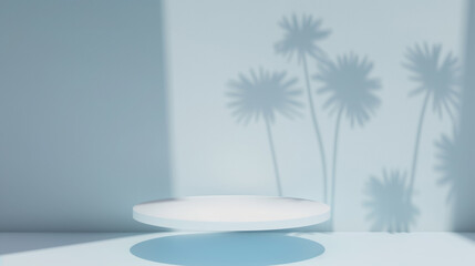 Obraz premium White empty round floating podium with soft daisy shadows on light blue background. Product display background with copy space