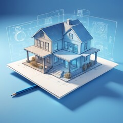 Holographic 3D Smart House on Blue Background