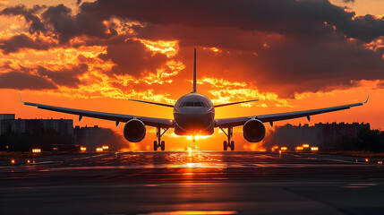 An airplane taking off against a vibrant sunset backdrop.