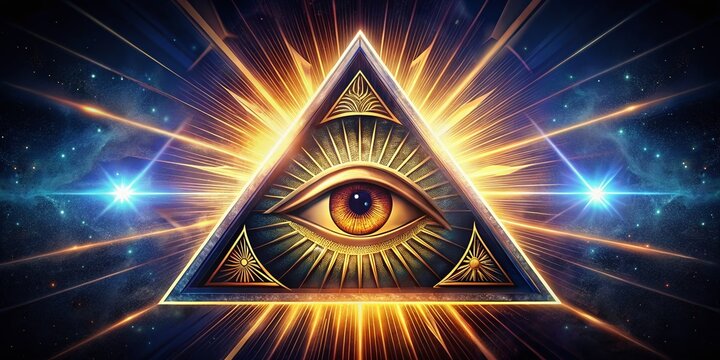 Omniscient pyramidal symbol with piercing iris and radiant light, set against a dark mysterious background, exudes