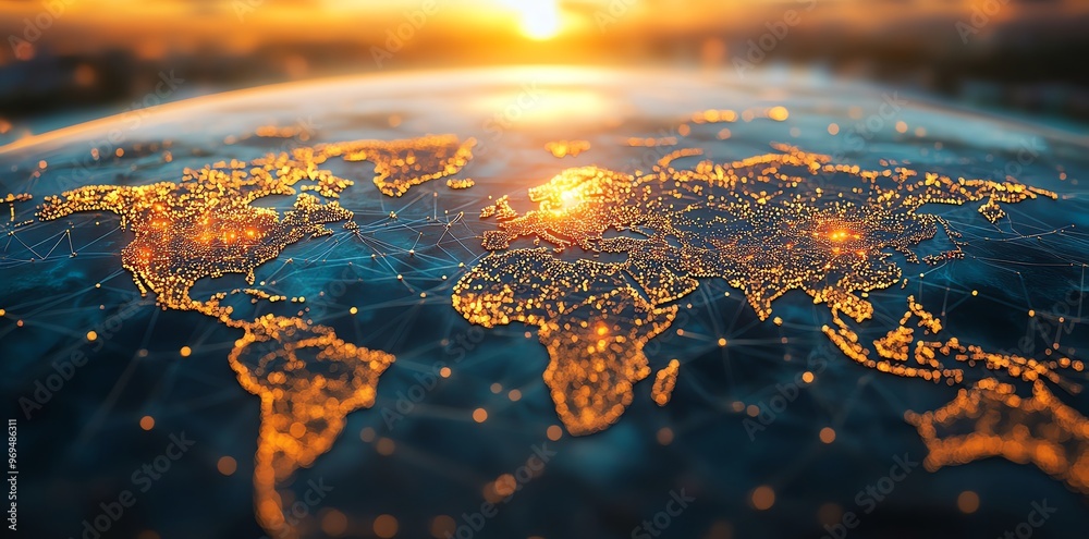 Aufkleber a glowing globe at sunset, showing a network of connections between continents.