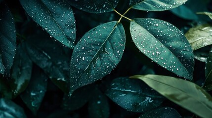 Fototapeta premium A close-up of jungle leaves covered in dew, with droplets glistening in the early morning light.