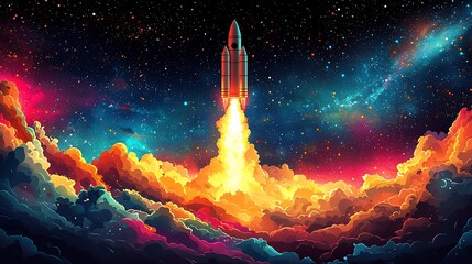 Vector design of a rocket launching into space leaving a trail of vibrant colors symbolizing innovation and exploration in space science