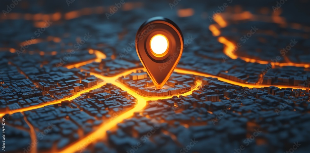 Poster a glowing location pin marks a spot in a futuristic cityscape.