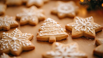 A close-up of holiday cookies shaped like Christmas trees, snowflakes, and stars, freshly baked and ready to be shared with family.