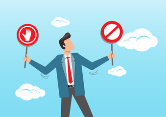 businessman holding forbidden crossed and stop sign