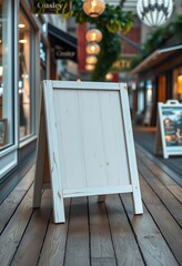 Blank White A-Frame Signboard on a Wooden Deck