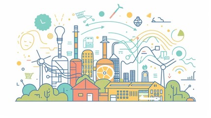 Fototapeta premium A cute cartoon of an AI-driven factory with sustainable practices