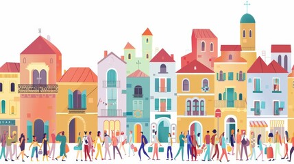 Naklejka premium A cute cartoon Style ofA bustling urban street with a mix of modern and historic buildings, people walking, and street vendors