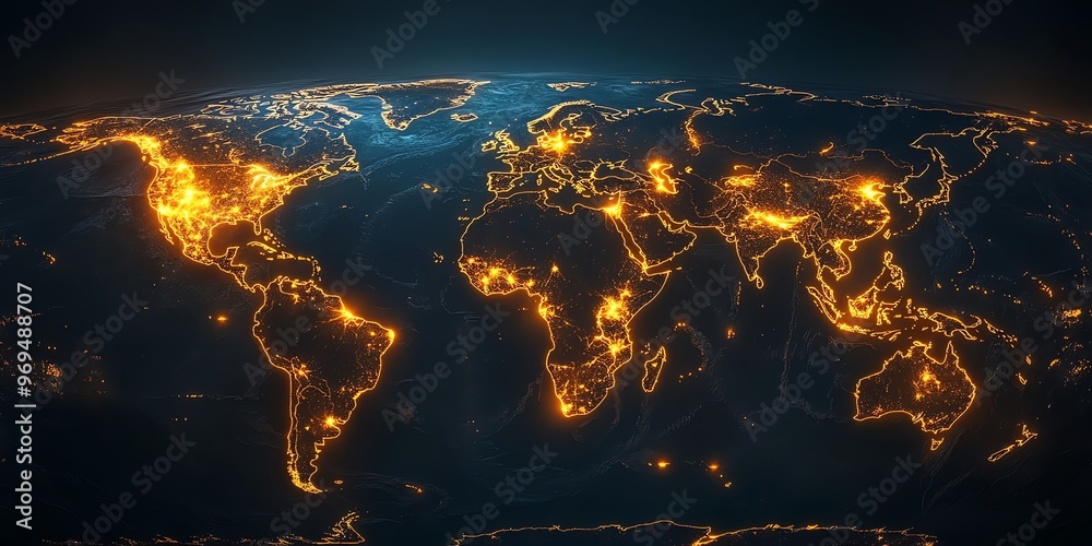 Poster a glowing map of the world with city lights, showcasing the continents and oceans in an artistic 3d 
