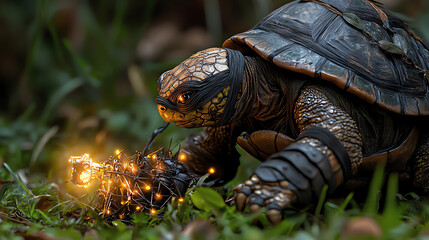 Naklejka premium A mystical turtle interacts with magical glowing lights in a serene natural setting, showcasing wonder and enchantment.
