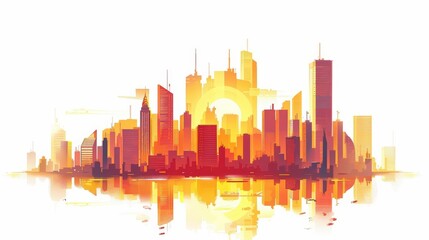 Fototapeta premium A cute cartoon Style ofA dynamic urban cityscape at sunset, with skyscrapers reflecting golden hues and bustling traffic below