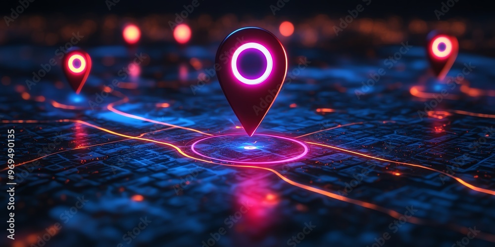 Poster a glowing neon red and blue map pin on a dark city map with other pins in the background.