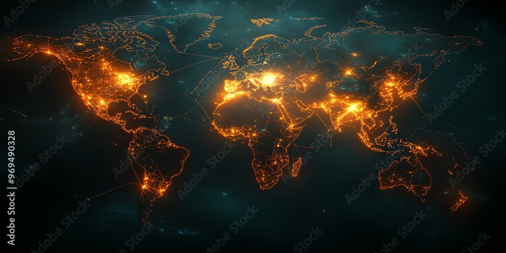 Poster A glowing map of the world with continents outlined in orange lines and connected by a network of lines.